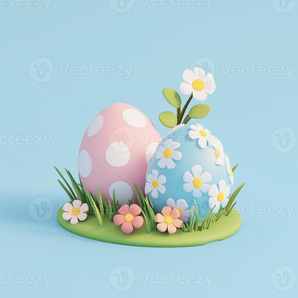A cartoon-style icon of two Easter eggs with flowers on the grass in pastel colors. 9 photo