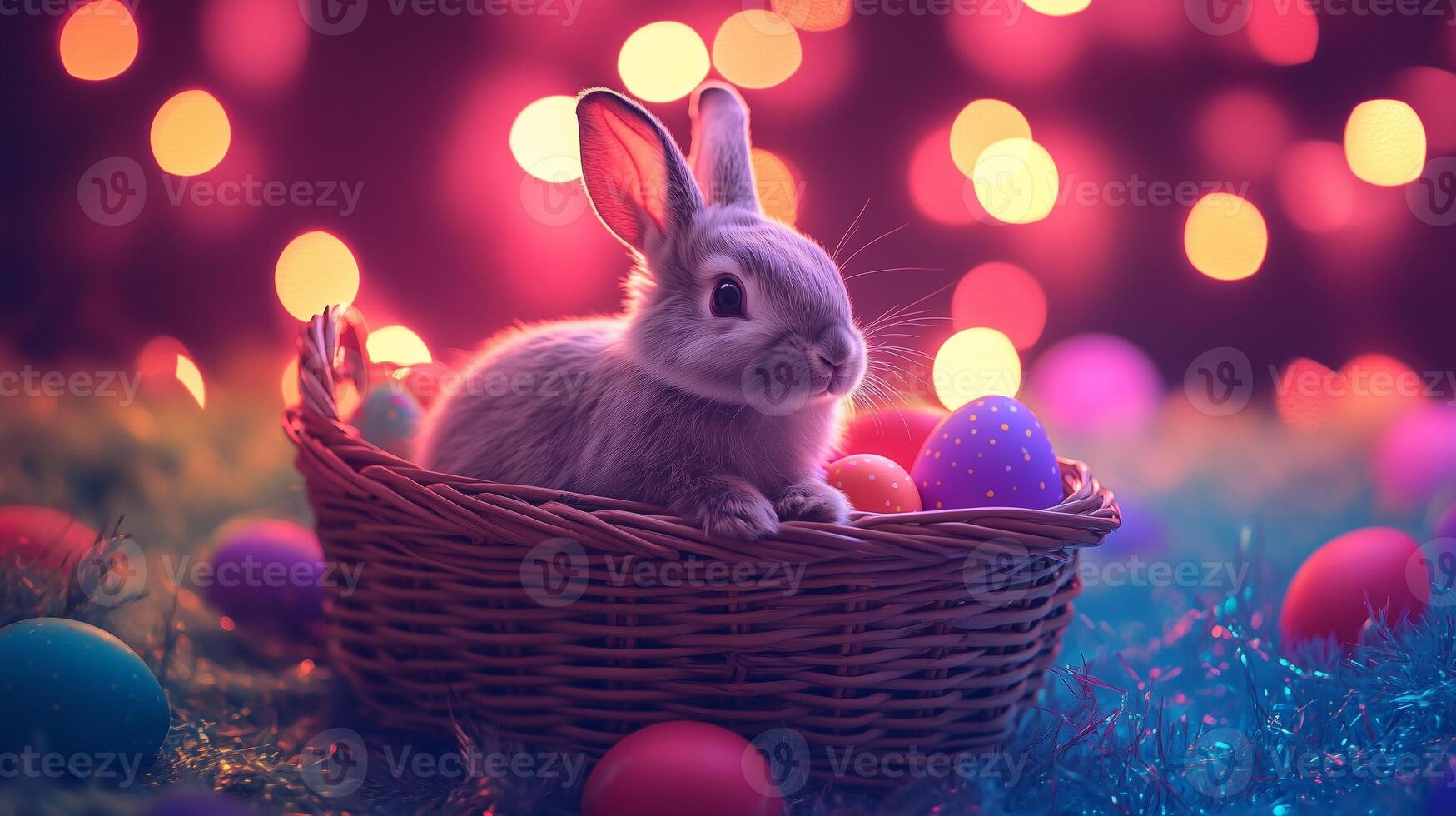 Abstract colorful Easter eggs in basket and rabbit on black technology background. photo