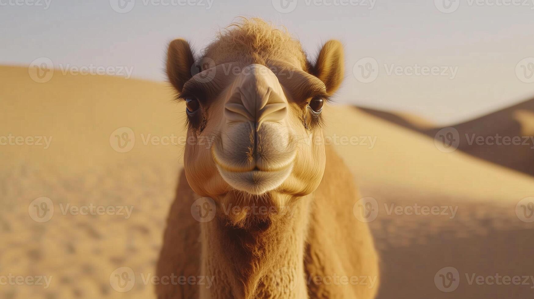 A camel standing in the desert, with a playful and curious expression. photo