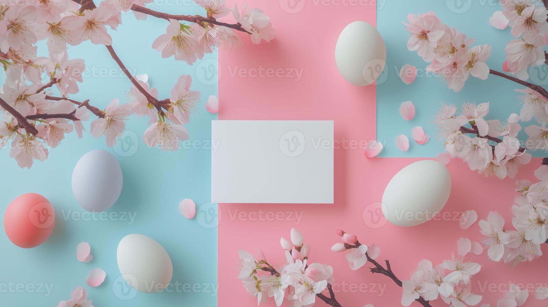 Easter card mockup with eggs, and blossoms, on a pastel pink and blue background. 13 photo