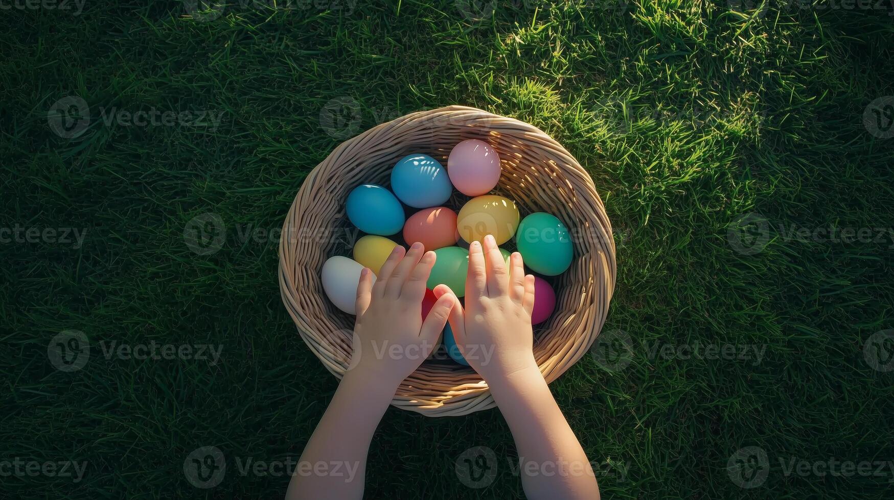 A child's hands next to an Easter basket with colorful eggs, set on lush green grass. 12 photo