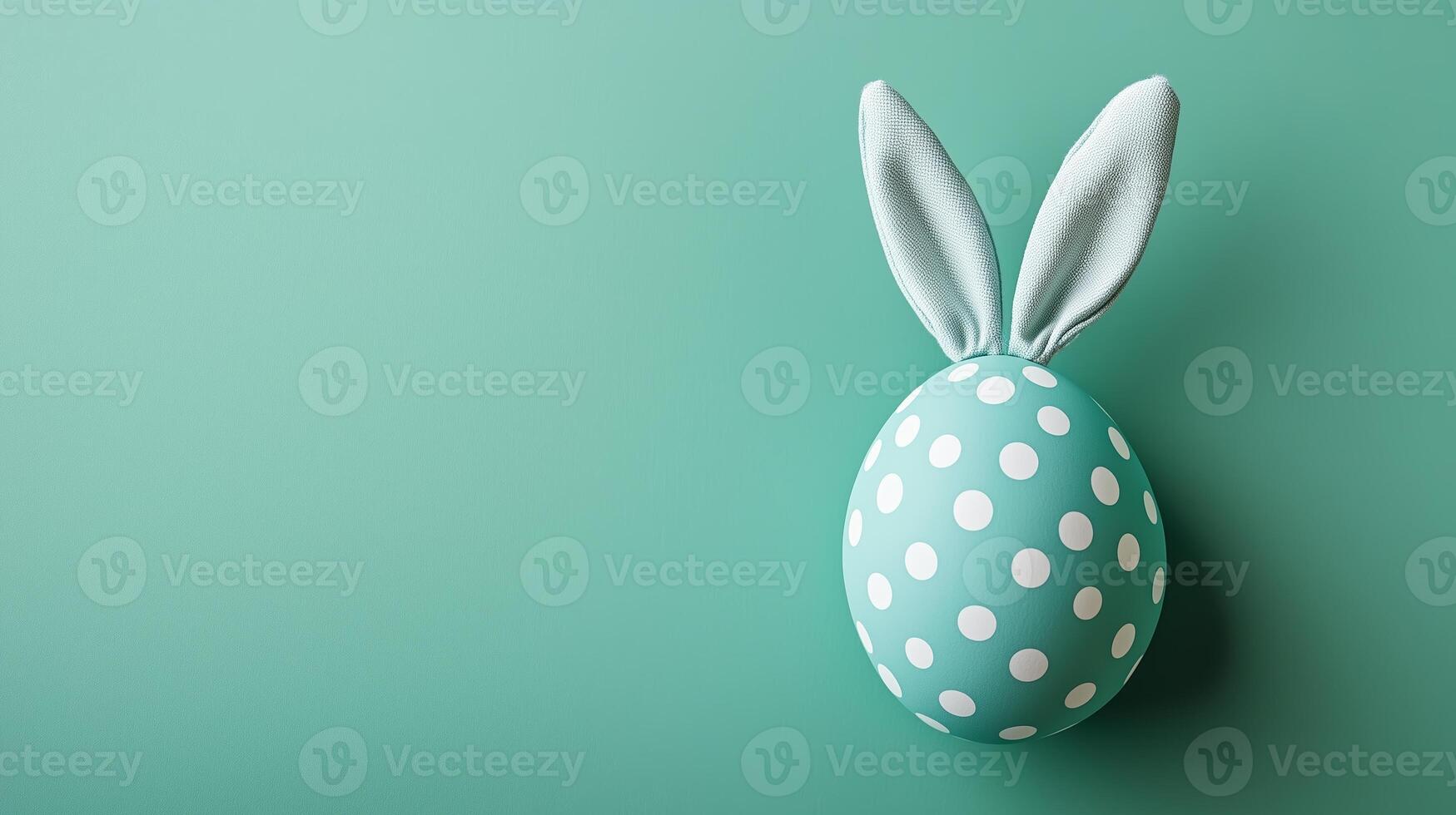 Green polka-dot egg with bunny ears on a green background. 12 photo