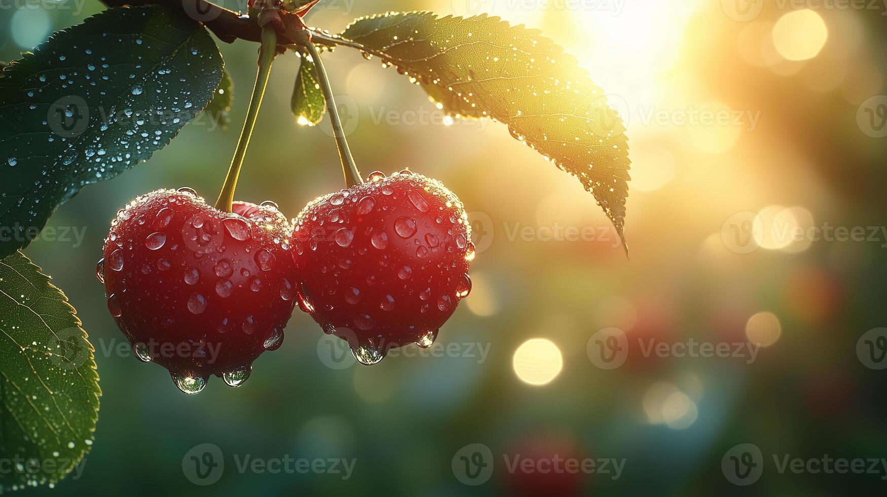A natural background with sun rays shining on two juicy red cherries hanging from the branches. photo