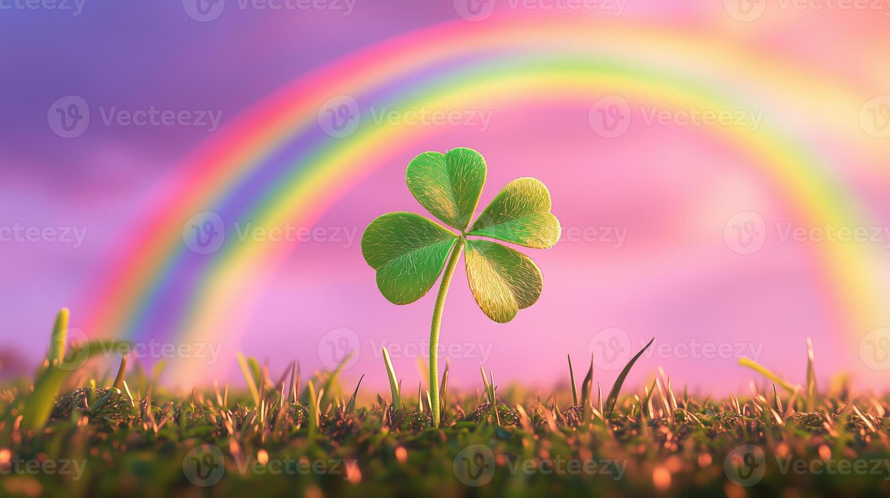 The green clover stands on grass with a pink sky background with a rainbow. photo