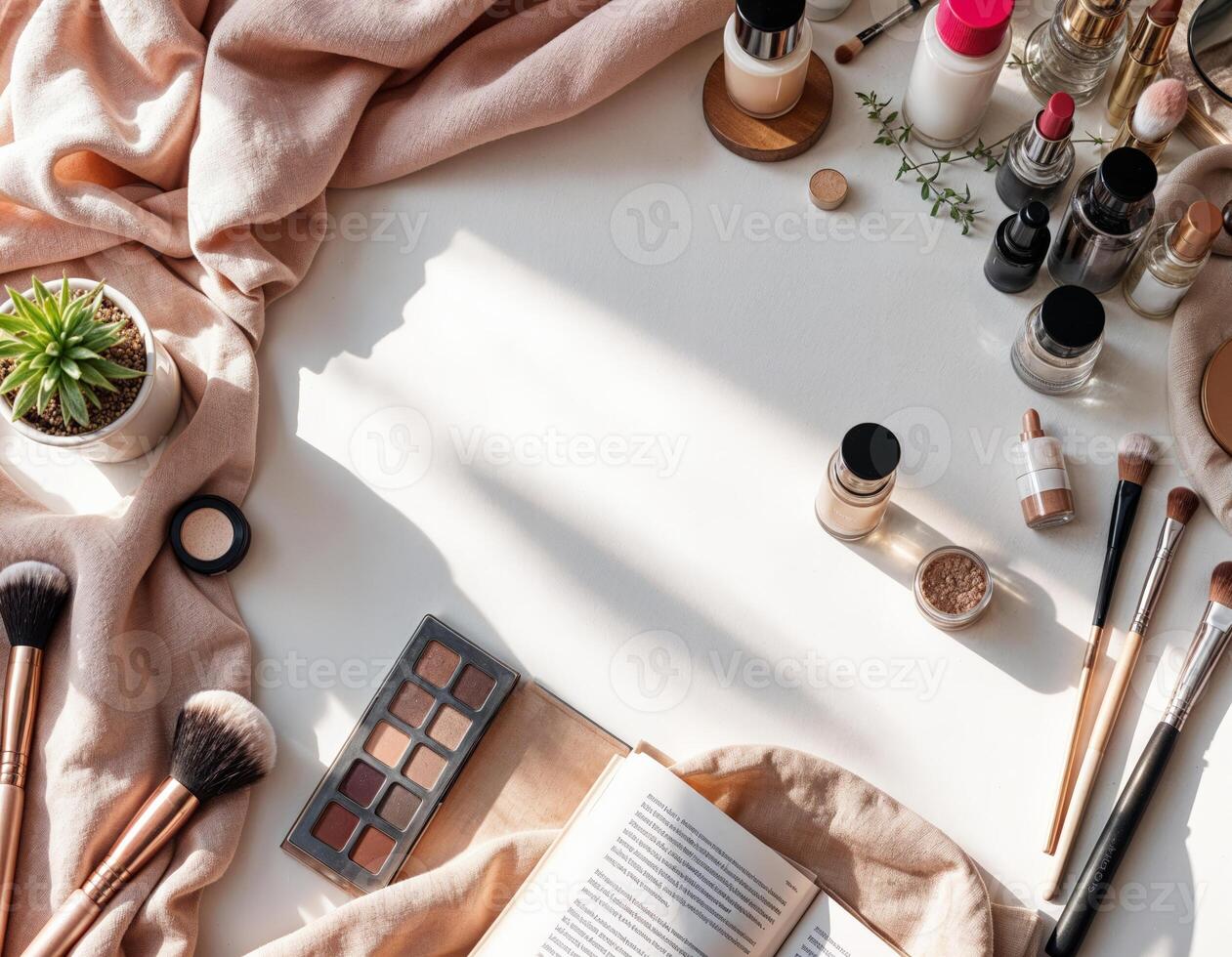 makeup brushes, cosmetics and other items on a white surface with sunlight. photo