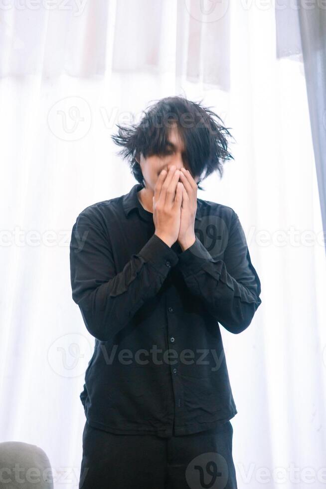 Emotional Expression, A Man Conveying Feelings Through Hands and Gestures photo