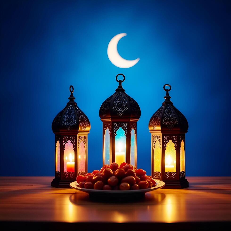Beautiful Ramadan Still Life with Lanterns, Moon, and Festive Lighting photo