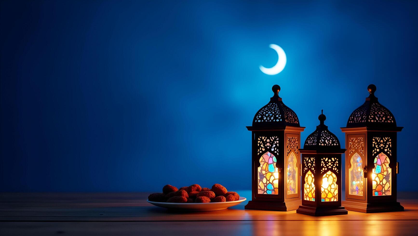 Ramadan Mubarak Night Scene with Crescent Moon and Candlelit Lanterns photo