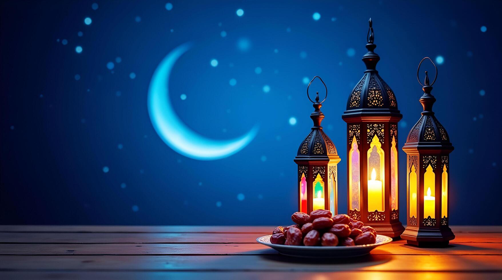 Islamic Lanterns and Dates on Wooden Table Under Crescent Moon photo