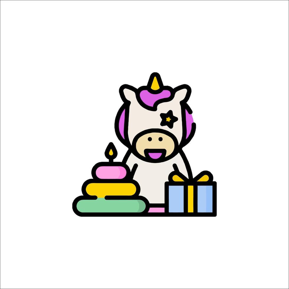 A unicorn is sitting next to a cake and presents vector