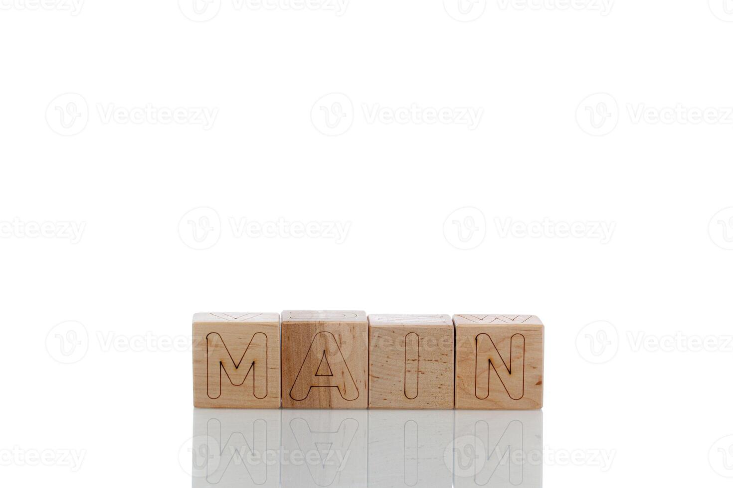 Wooden cubes with letters main on a white background photo