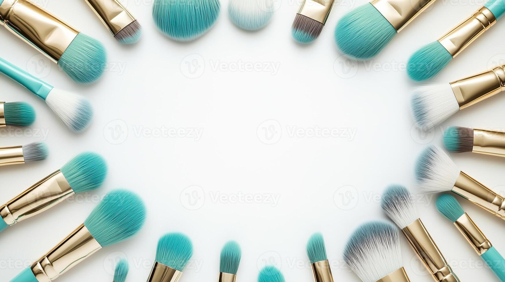 Cosmetic brushes frame, placed in random order, on a white background. 2 photo