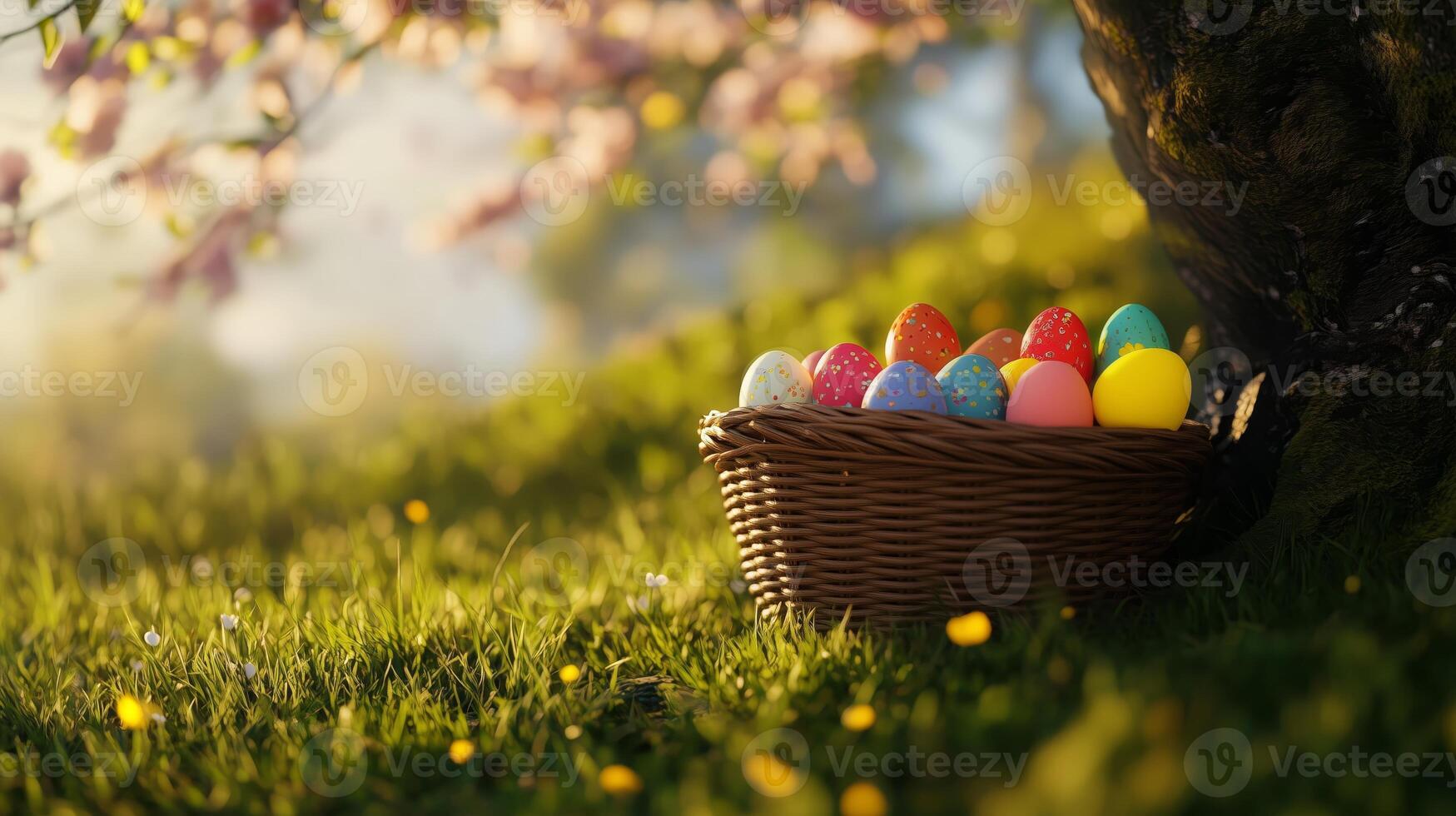Easter eggs in a wicker basket under a tree on the grass. 8 photo