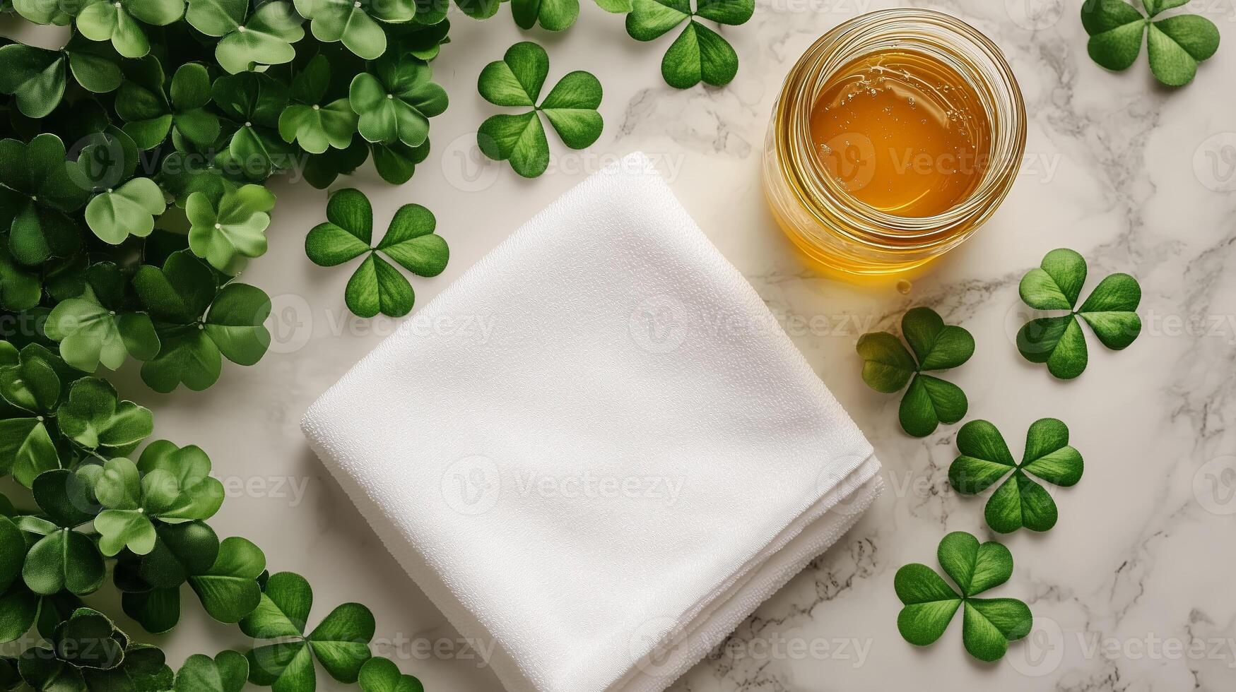 A blank white towel laying with a golden honey jar and clovers lying around it. 6 photo