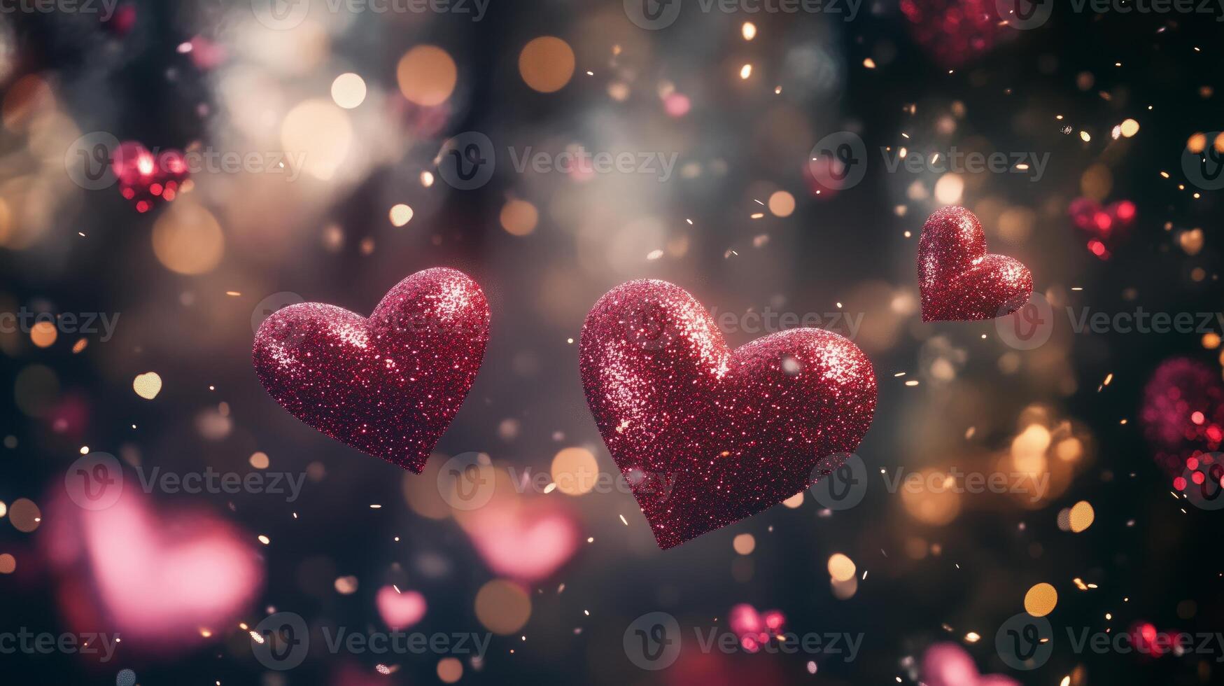 Glittering red hearts floating in the air, against a dark background with blurred lights. 2 photo