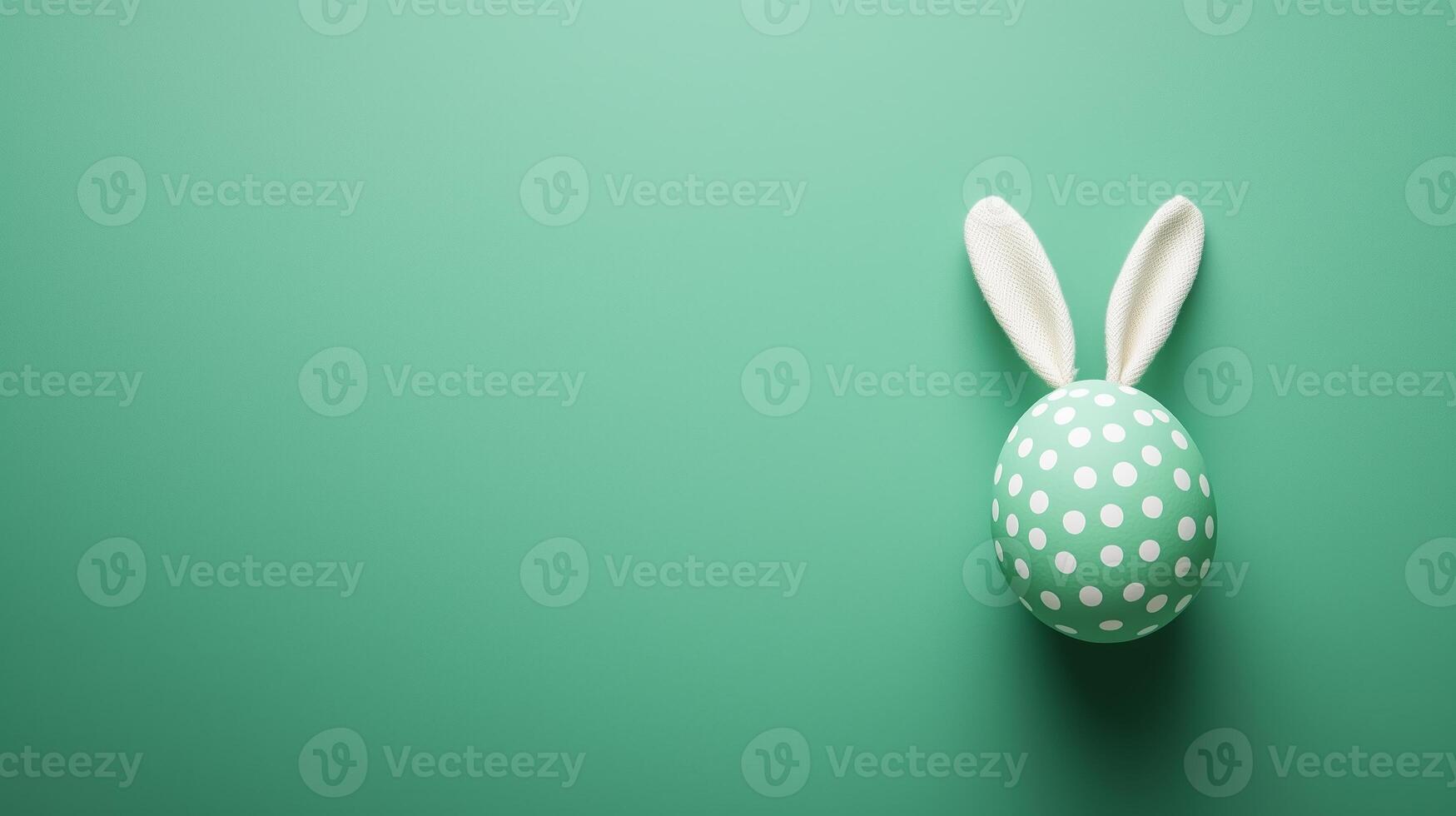 Green polka-dot egg with bunny ears on a green background. 11 photo