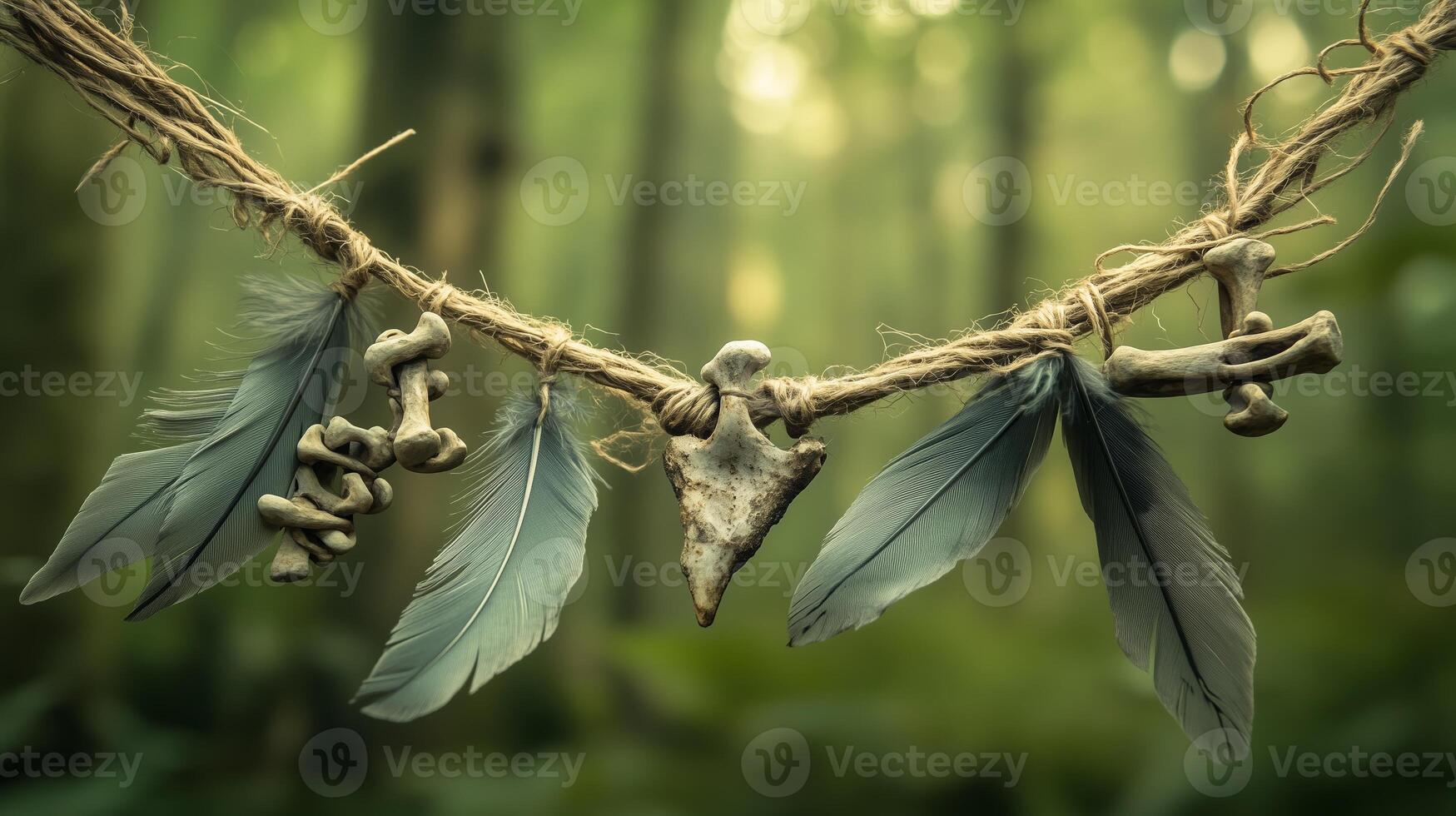 The necklace with weathered bones and dull gray feathers against a forest background. 7 photo