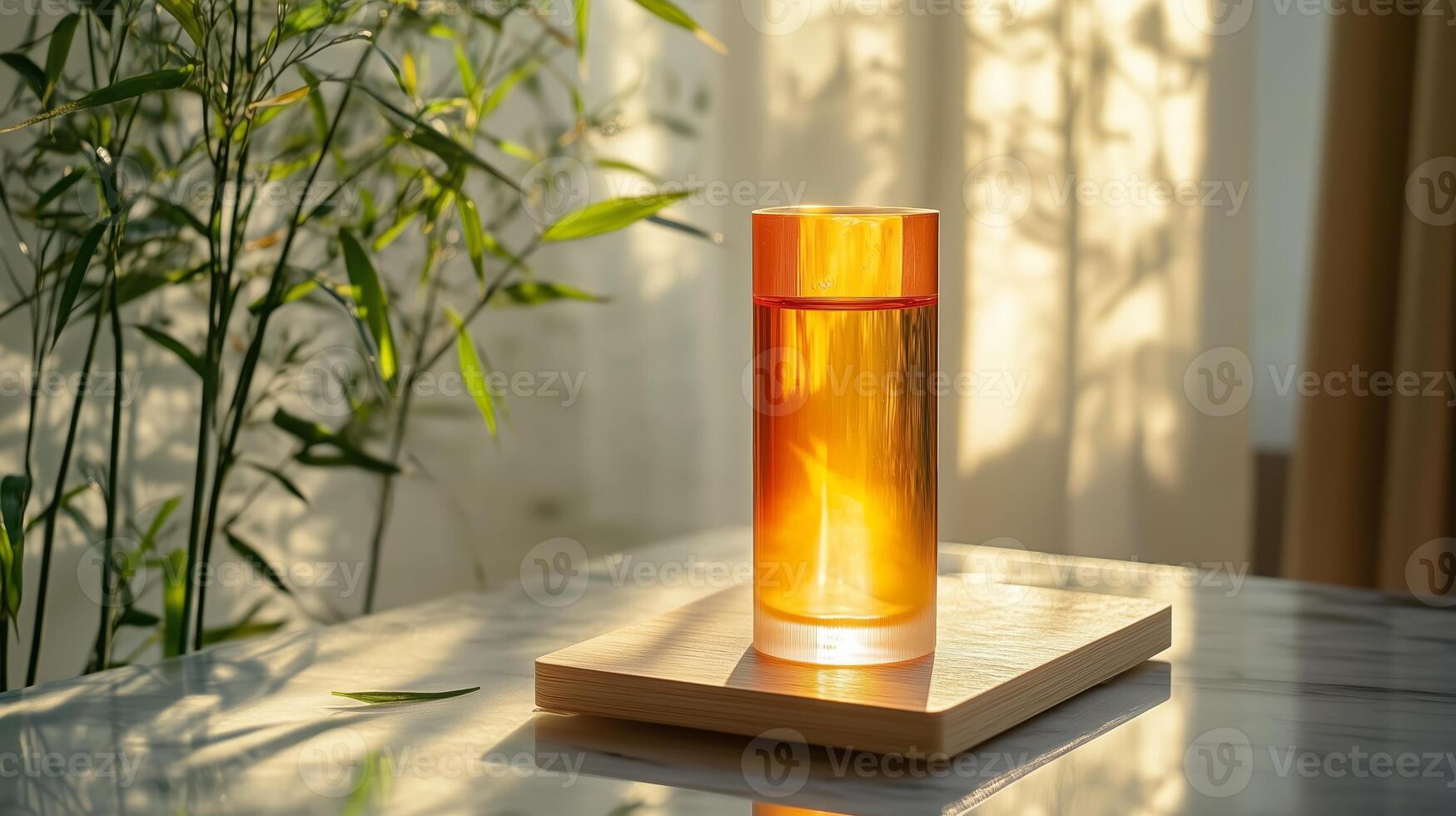 A cylindrical, small orange essential oil bottle with a single bamboo leaf. 6 photo