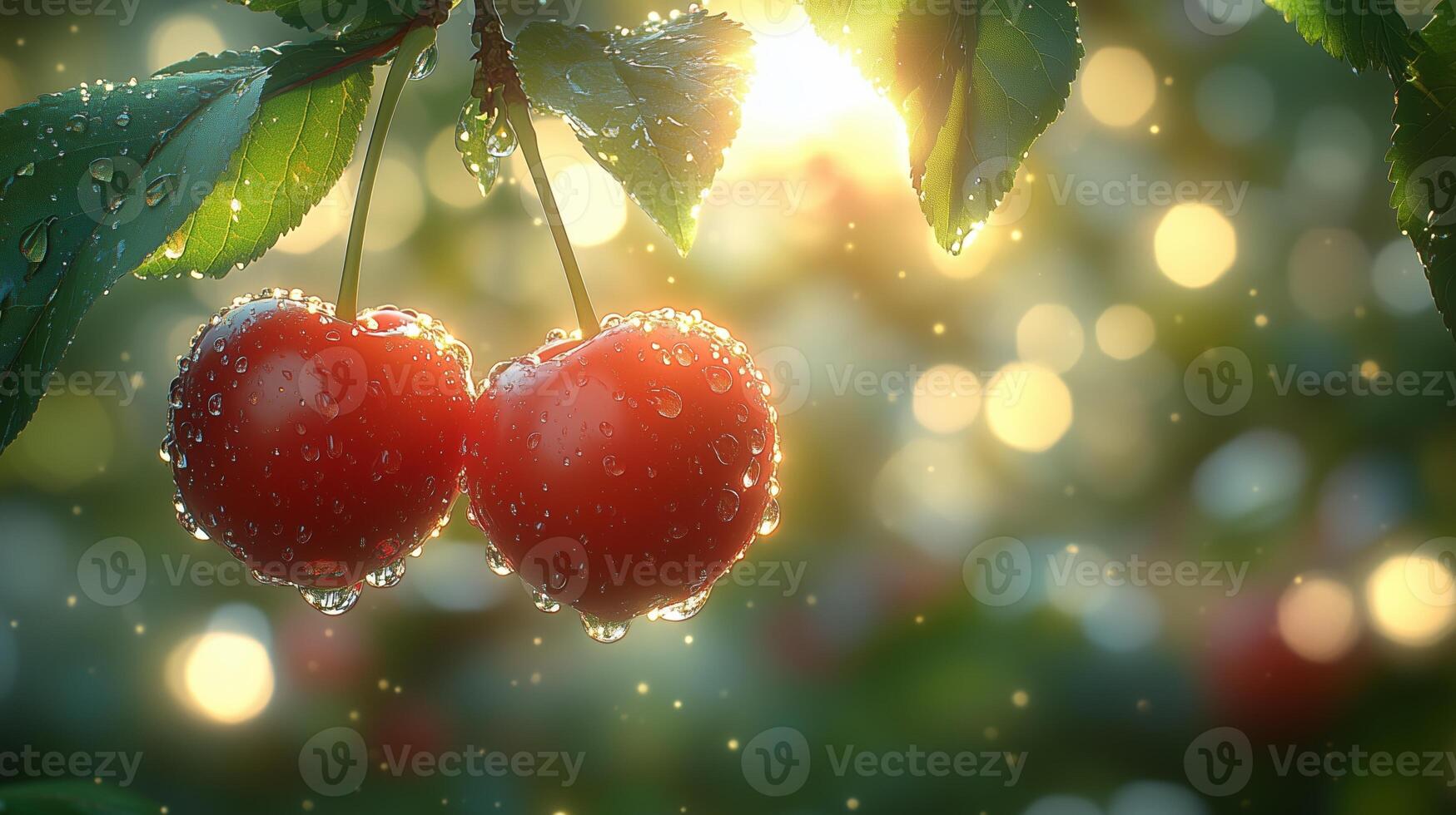 A natural background with sun rays shining on two juicy red cherries hanging from the branches. 4 photo