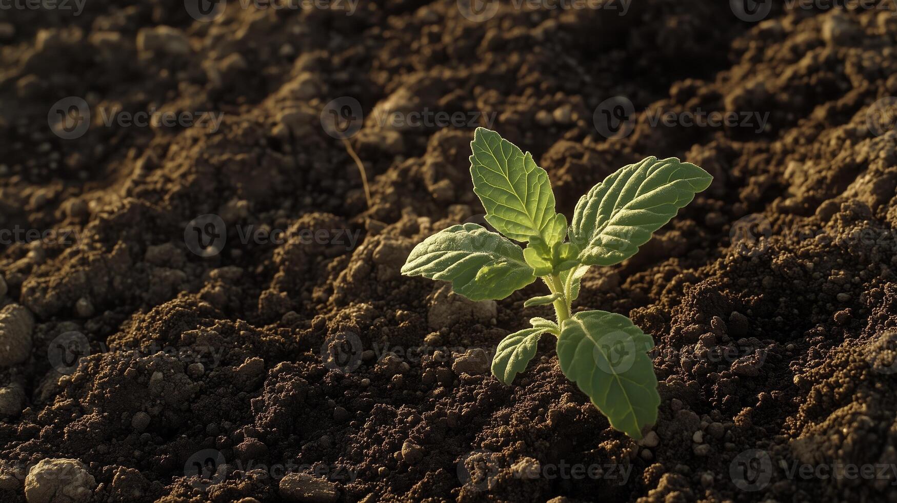 A small green sprout growing from the ground, in an empty field. 7 photo