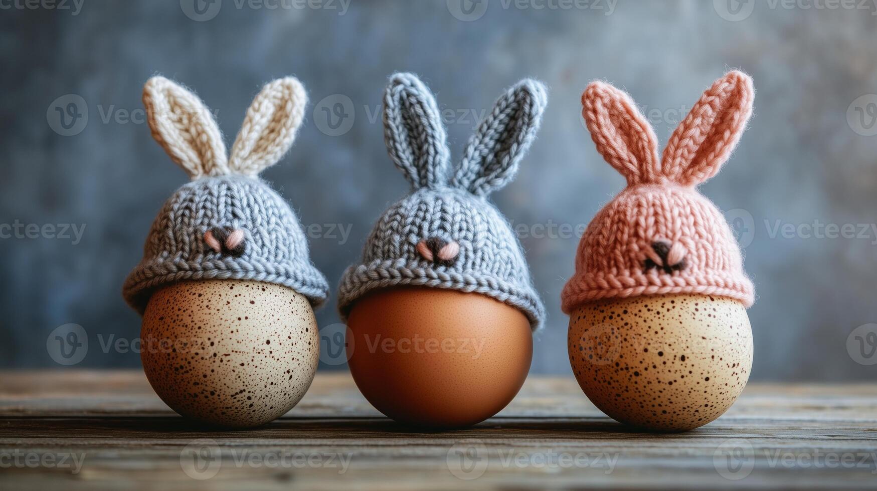 Three eggs with knitted bunny hats, on a wooden table, against a gray background. 2 photo