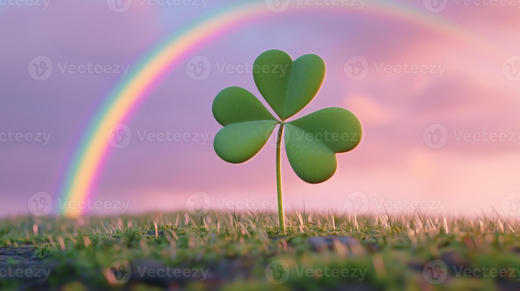 The green clover stands on grass with a pink sky background with a rainbow. 7 photo