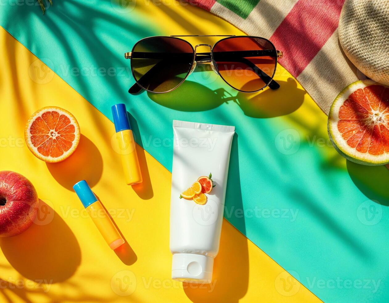 Sunscreen lotion in tube with sunglasses and fruits on color background. Summer Essentials photo