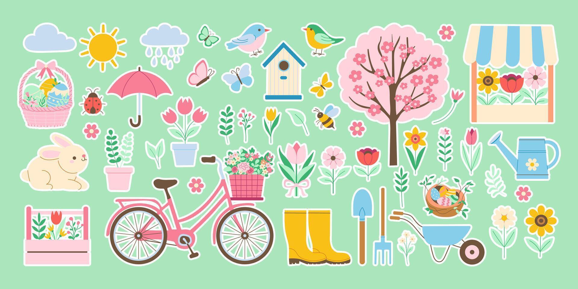 A collection of stickers with spring various items such as a bicycle, a birdhouse, and a bird vector