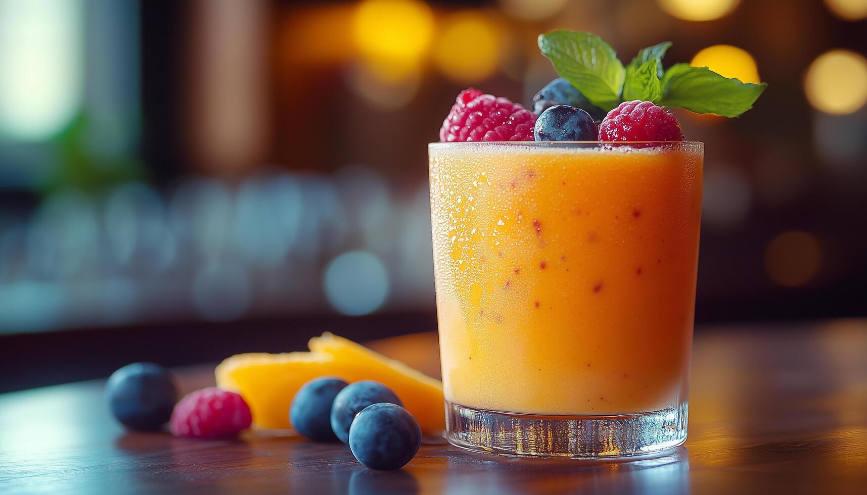Fresh fruit smoothie with raspberries, blueberries, and mint served in a glass during a sunny afternoon photo