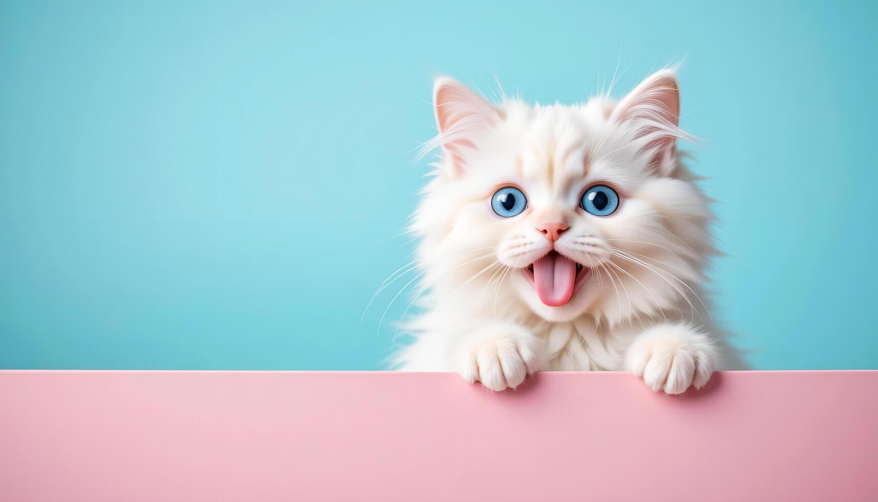 A cute Persian cat put its tongue out, peeking over the edge of an pink table with cute and hungry look. photo