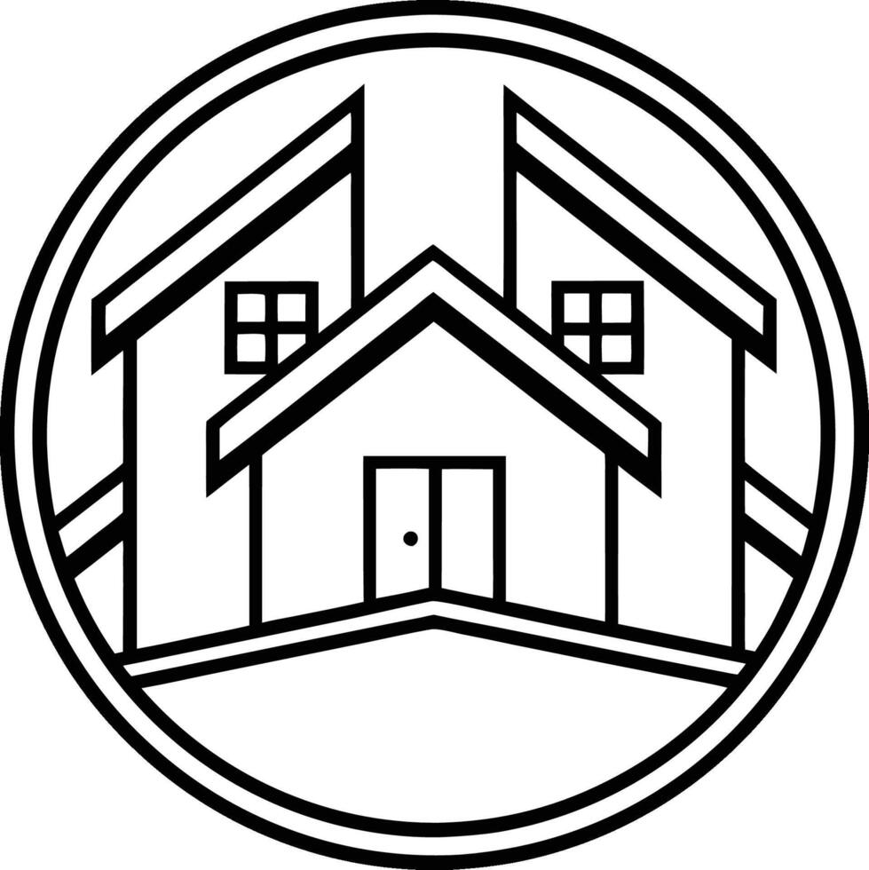 logo design, minimalist house icon, circular emblem, black and white, line art, geometric shapes, architectural symbol, real estate branding vector