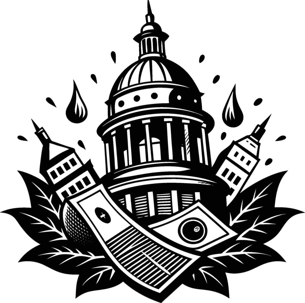 Black and white illustration, government building, capitol dome, stylized architecture, surveillance camera, eye motif, dollar bills, leaves, flames, geometric shapes vector