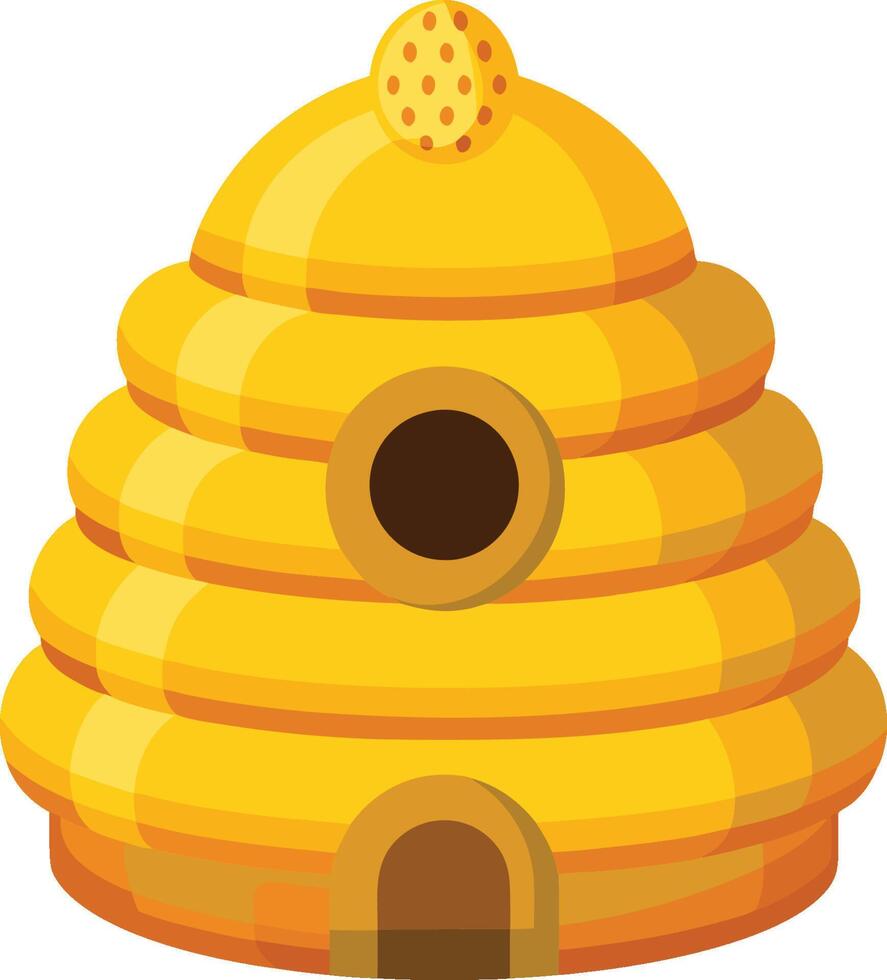 Cartoon beehive, vibrant yellow, dome-shaped, stacked layers, circular entrance holes, honeycomb texture, stylized illustration vector