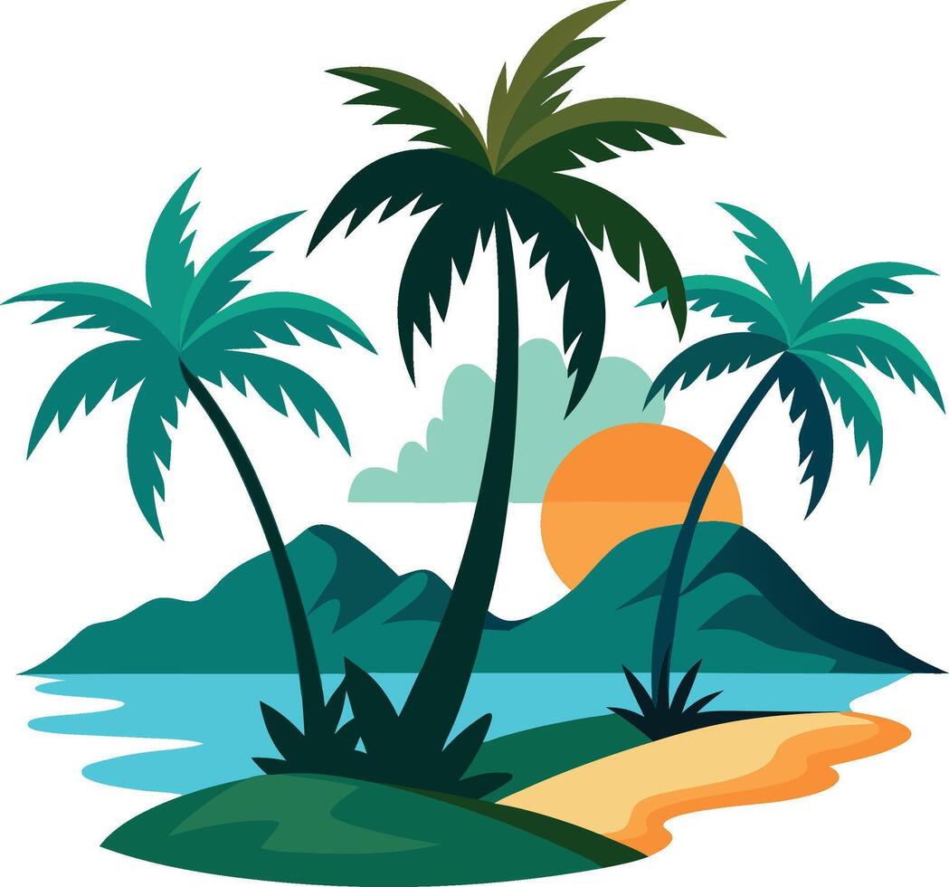 Tropical island paradise, palm trees, sunset, mountains, beach, ocean, vibrant colors, art style, minimalist design, flat illustration vector