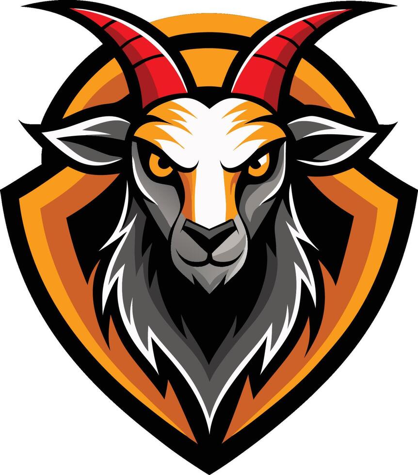 Stylized goat logo, fierce expression, red curved horns, orange and black shield background, sharp angular design vector