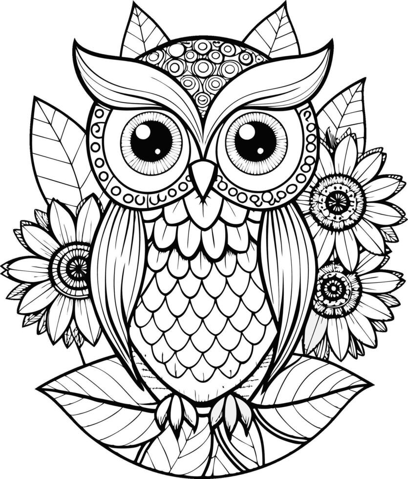 Intricate owl illustration, black and white line art, detailed feathers, large eyes, decorative patterns, sunflowers, leaves, symmetrical composition vector