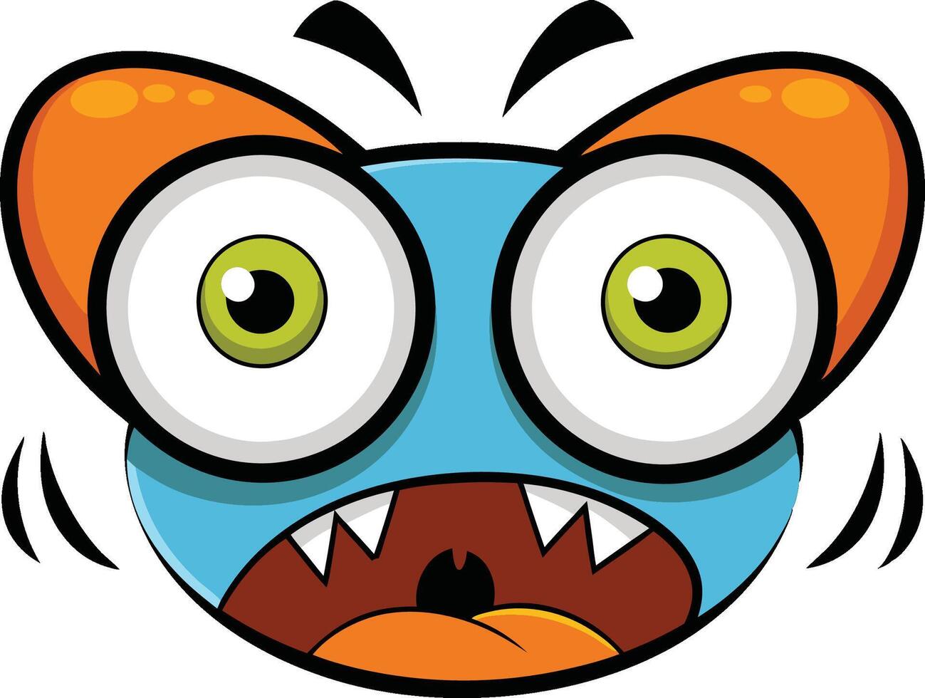 Cartoon monster face, big bulging green eyes, orange eyebrows, blue skin, sharp white teeth, wide open mouth, exaggerated expression vector