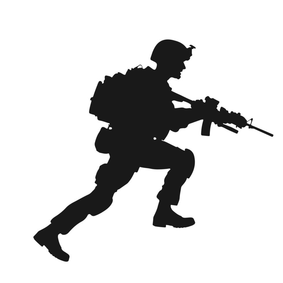 Battle-Ready Stance A strong soldier silhouette standing tall, symbolizing courage and resilience. vector