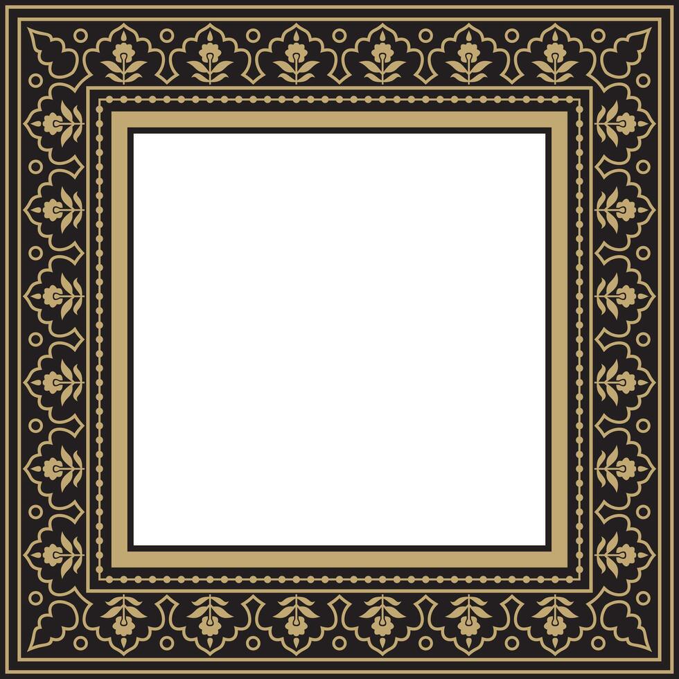 gold with black square Turkish national ornament. Ottoman border, frame. Ethnic floral rectangle, Seljuk Turks pattern. Decoration of Sultan's palaces. vector
