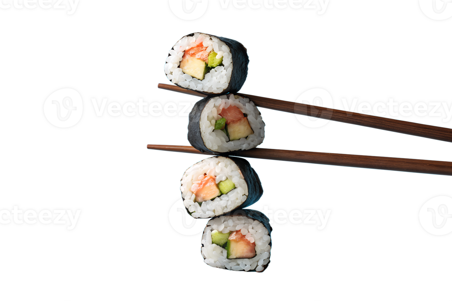 Freshly prepared sushi rolls with vegetables and seafood served with chopsticks on a clean surface png