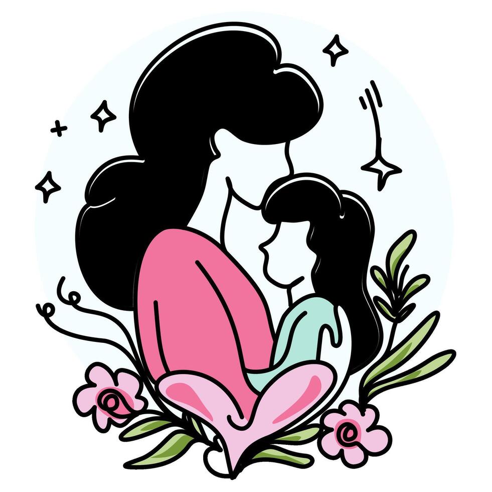 Mom's Love Heartwarming illustration of a mother and child hugging, with colorful flowers. Perfect for Mother's Day tributes vector