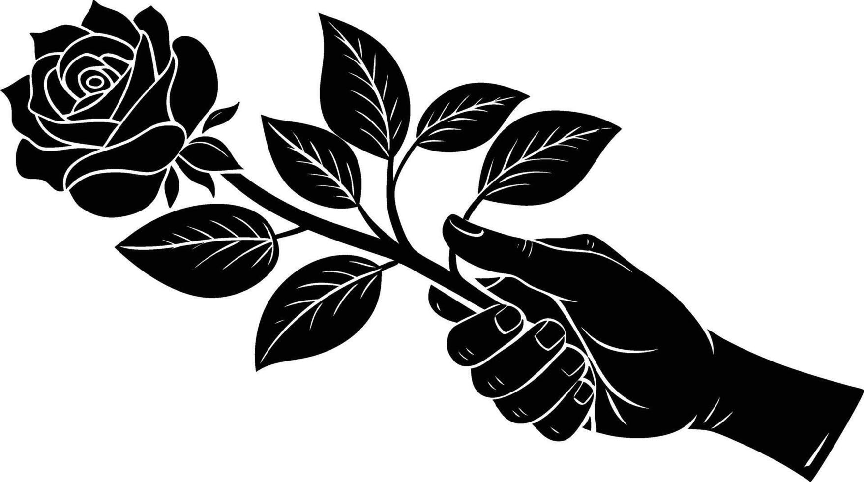 Black and white illustration, silhouette of hand holding rose, graphic design, bold contrast, single rose with stem and leaves, powerful symbolism, striking imagery vector