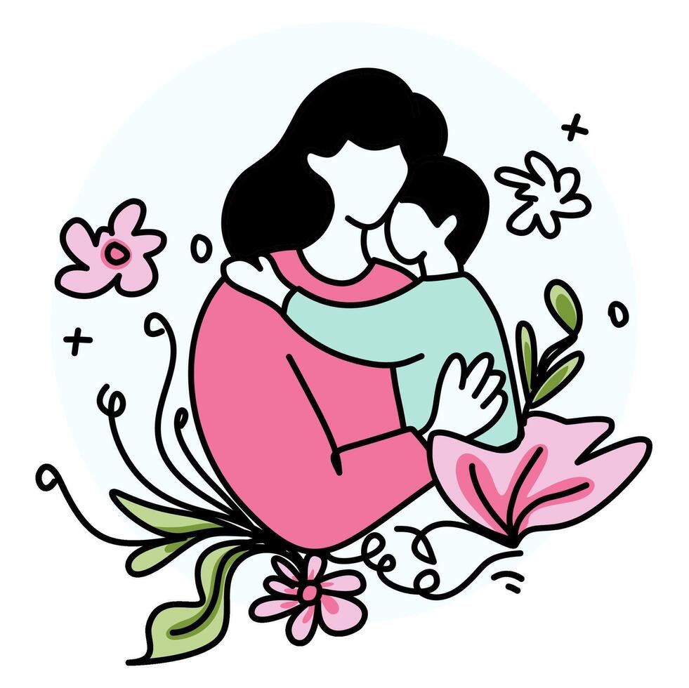 Best Mom Ever Adorable illustration of a mother and child hugging, with vibrant flowers and leaves. Ideal for Mothers Day gifts designs vector