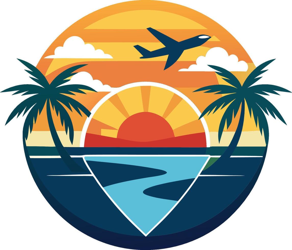 Tropical sunset logo, circular design, palm trees silhouette, airplane in sky, vibrant colors, beach scene, ocean waves, sun rays vector