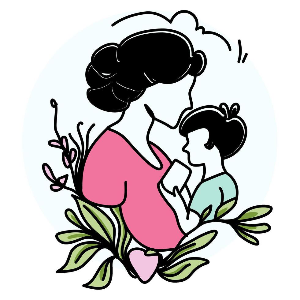 Thank You, Mom Sweet illustration of a mother and child in a tender embrace, surrounded by beautiful flowers. Perfect for Mother's Day cards vector