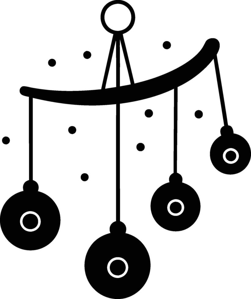 Minimalist Christmas ornament design, black and white illustration, hanging baubles, curved line, simple geometric shapes vector