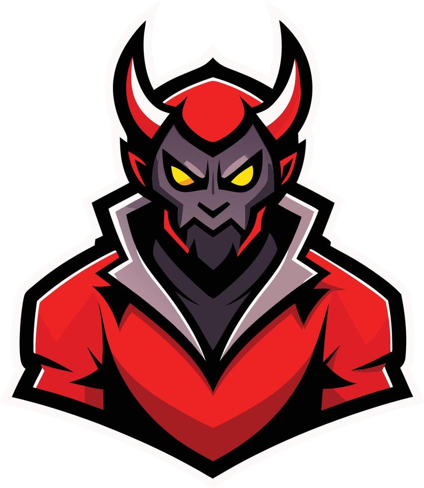 Devil mascot, demonic character, sports team logo, red and black color scheme, fierce expression, horns, glowing yellow eyes vector