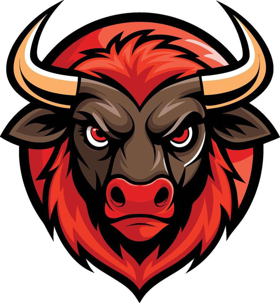 Fierce bull mascot, stylized illustration, angry eyes, red and brown color scheme, sharp horns, aggressive expression vector