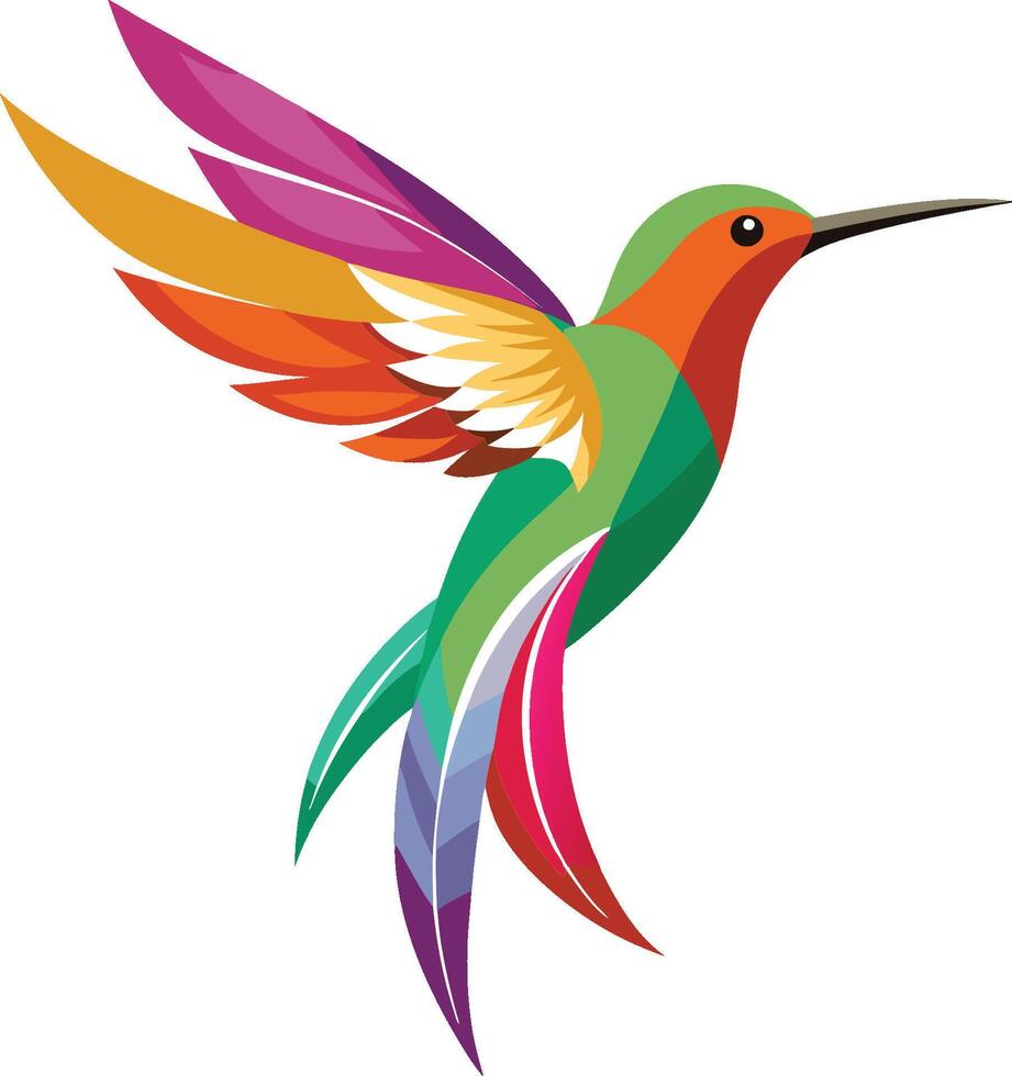 Vibrant hummingbird illustration, geometric shapes, colorful plumage, stylized bird design, abstract avian art, minimalist wildlife, rainbow feathers, dynamic pose, graphics vector