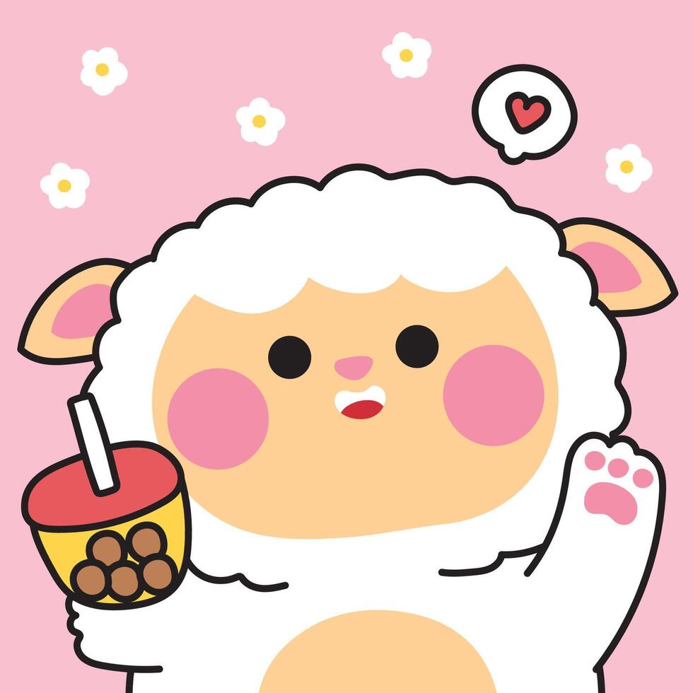 Cute sheep greeting with bubble milk tea.Sweet.Flower.Farm animal character cartoon.Image for card,sticker,baby clothing,print screen.Kawaii.Illustration vector